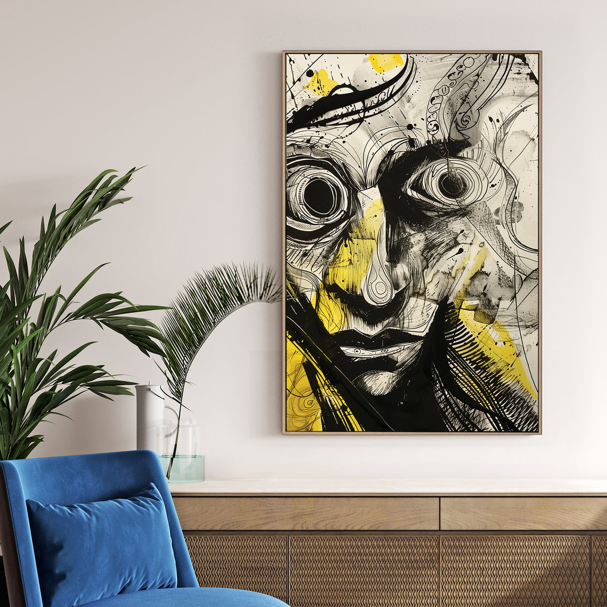 surreal abstract portrait wall art with bold black ink and yellow accents