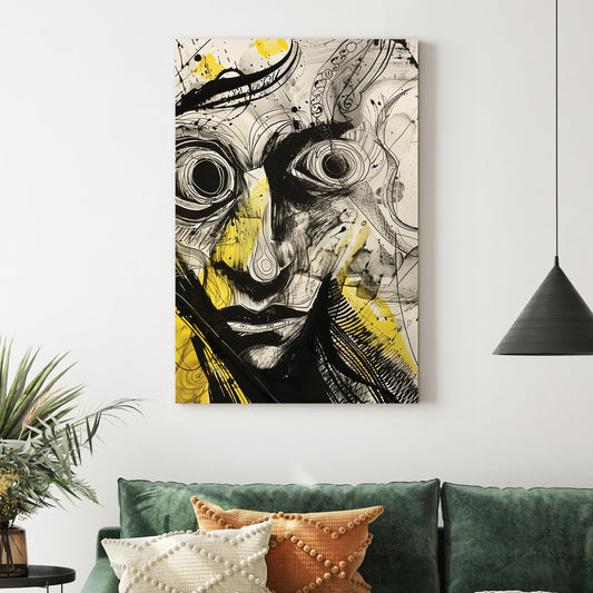 surreal abstract portrait wall art with bold black ink and yellow accents