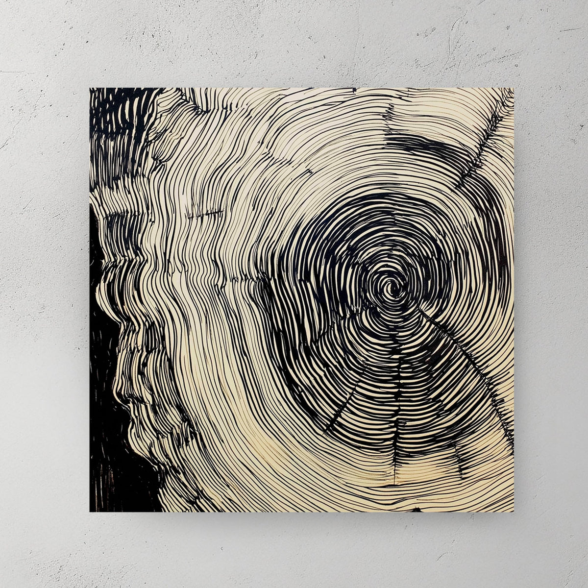 abstract tree ring ink wall art with hypnotic black line design