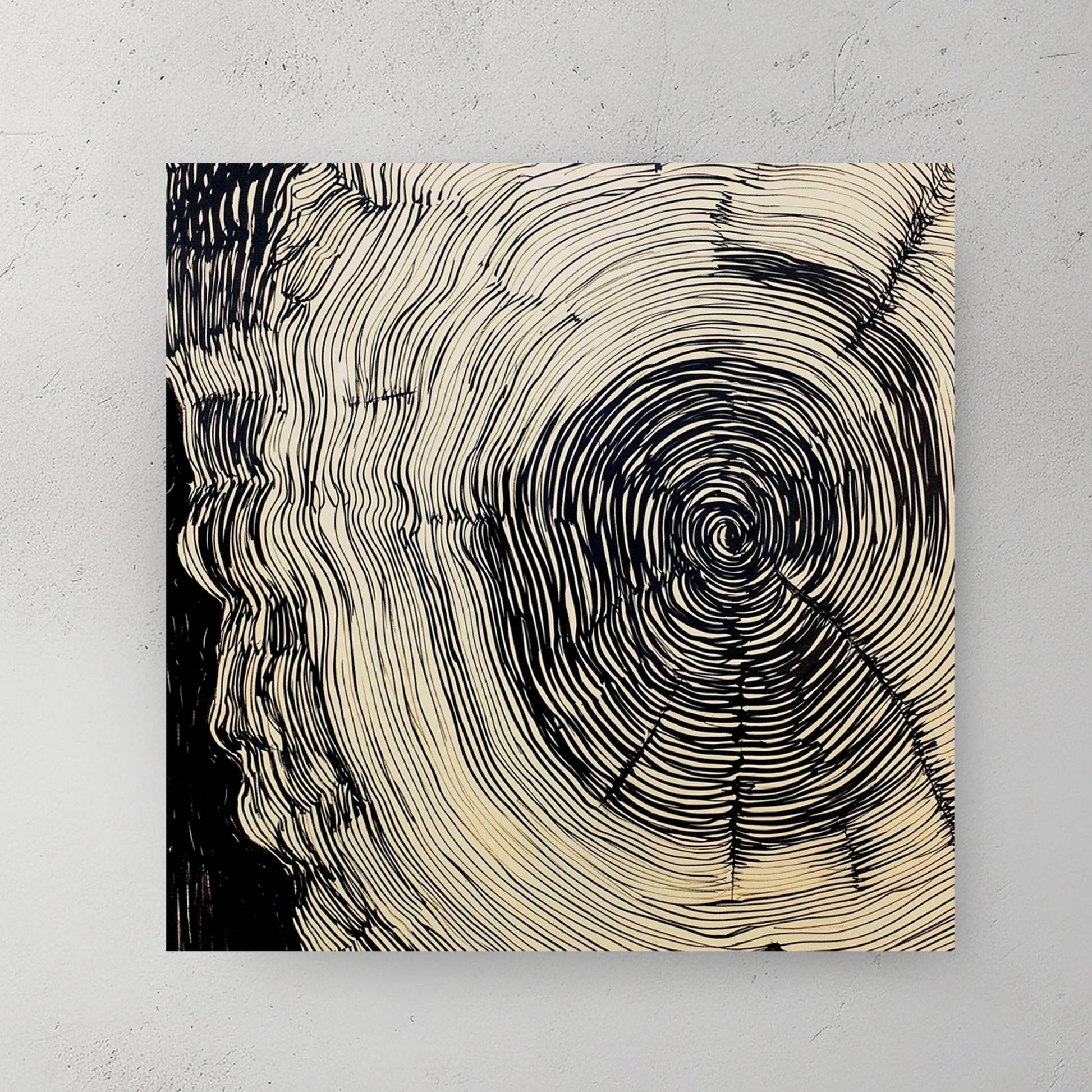 abstract tree ring ink wall art with hypnotic black line design