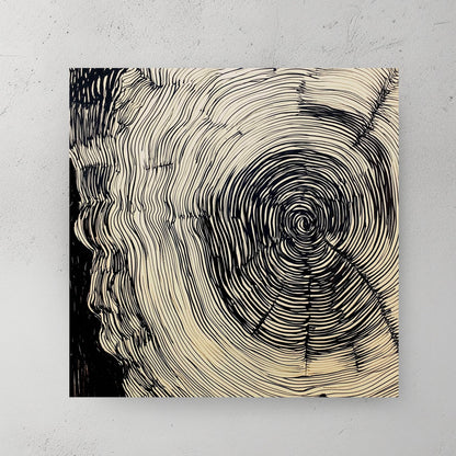 abstract tree ring ink wall art with hypnotic black line design