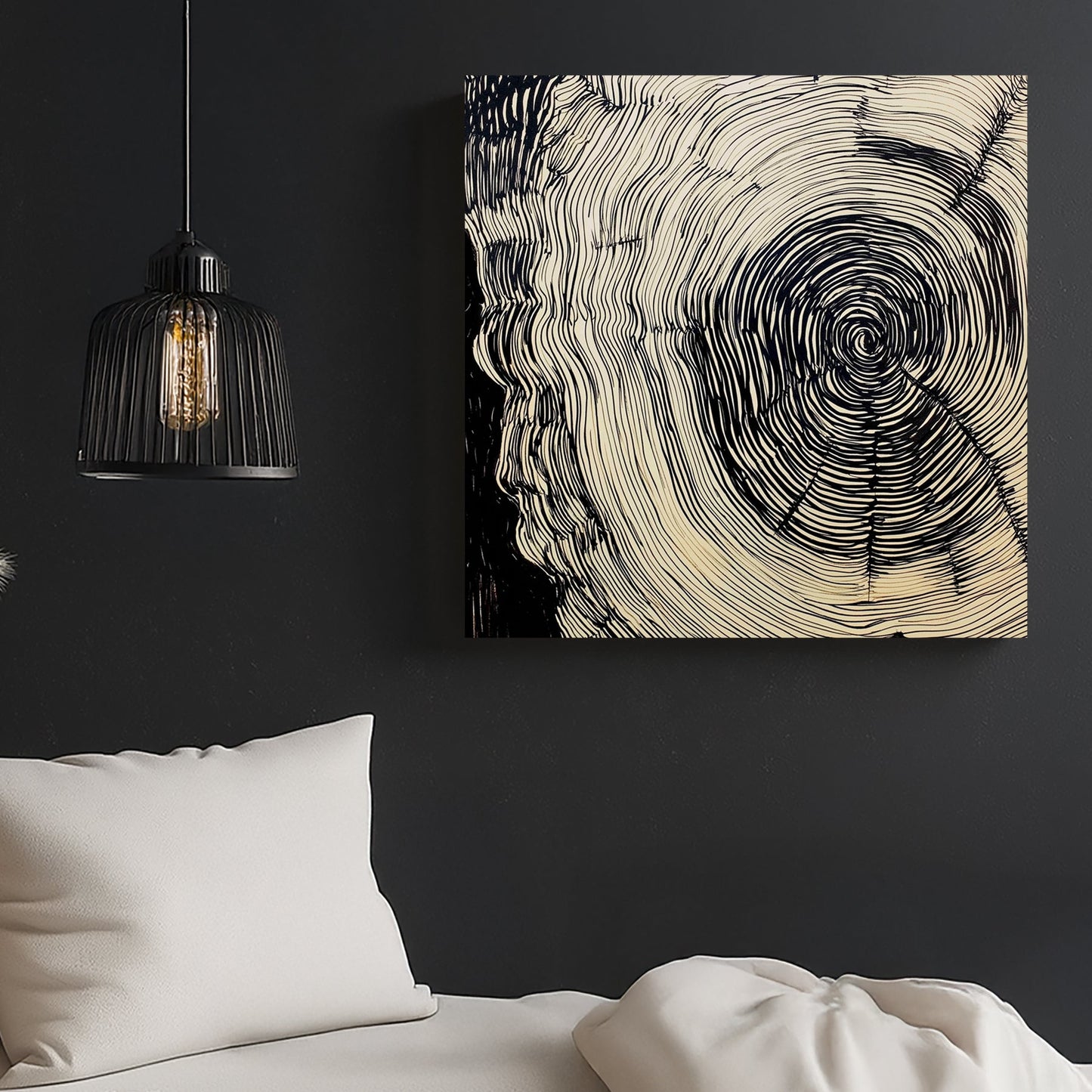 abstract tree ring ink wall art with hypnotic black line design