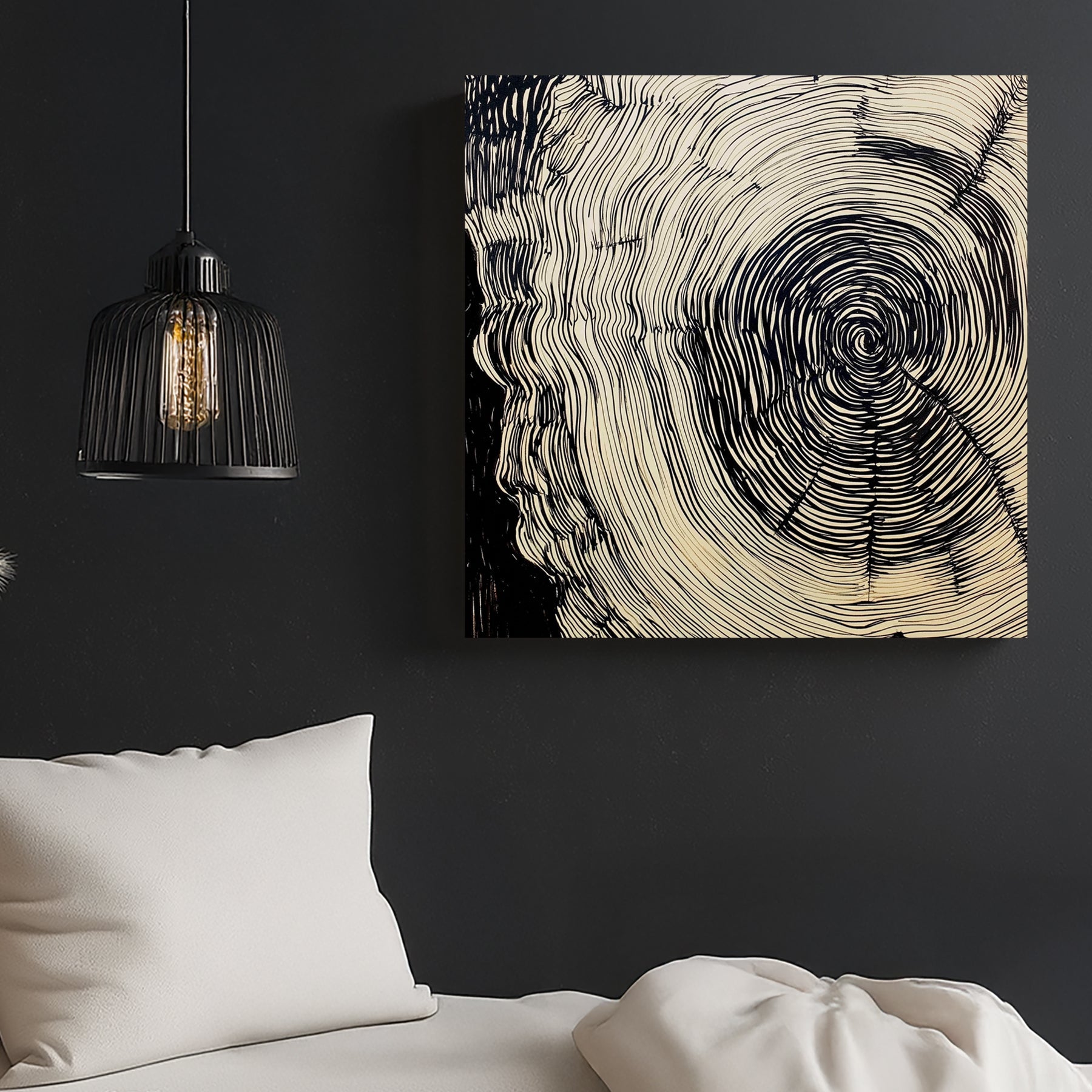 abstract tree ring ink wall art with hypnotic black line design