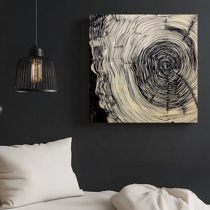 abstract tree ring ink wall art with hypnotic black line design