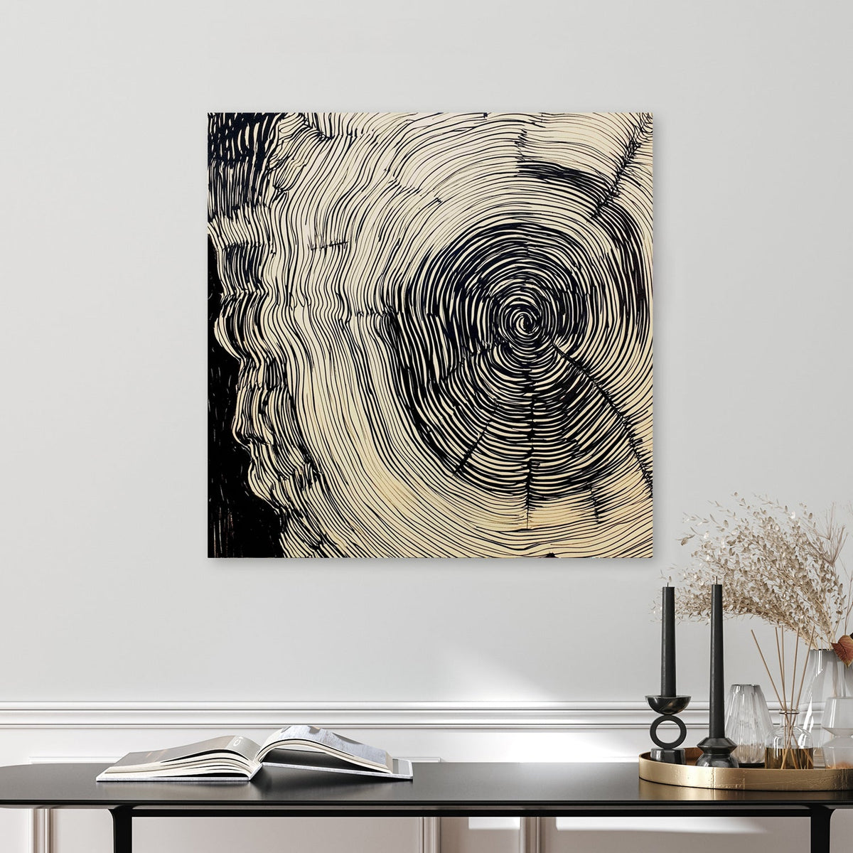 abstract tree ring ink wall art with hypnotic black line design