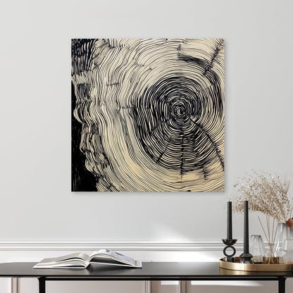 abstract tree ring ink wall art with hypnotic black line design