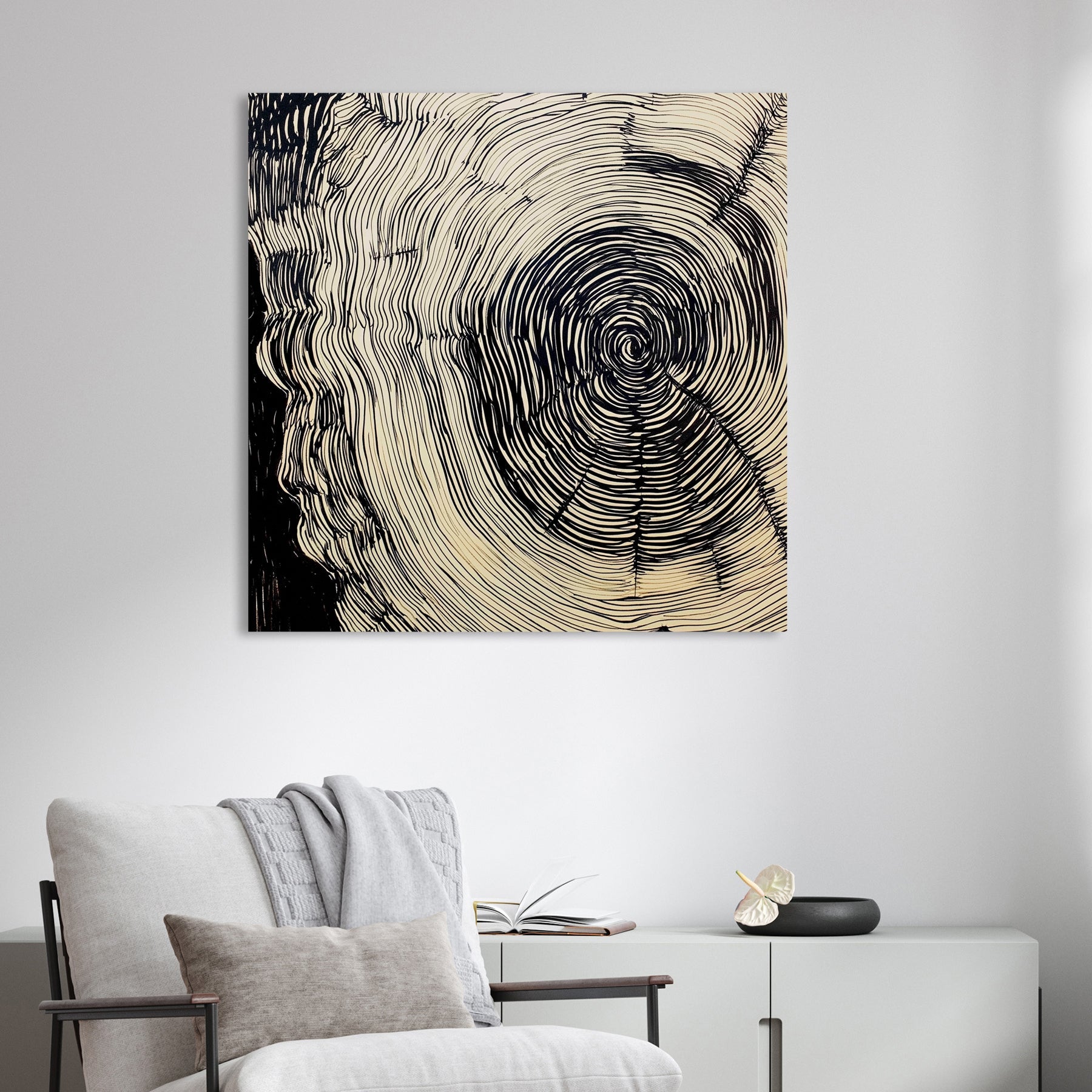 abstract tree ring ink wall art with hypnotic black line design
