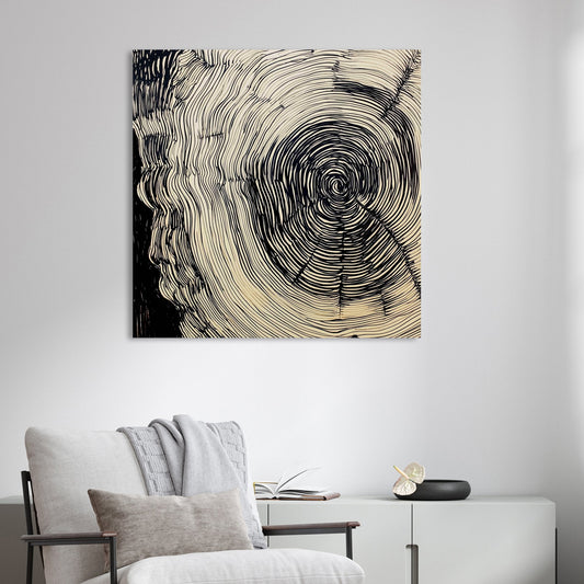 abstract tree ring ink wall art with hypnotic black line design