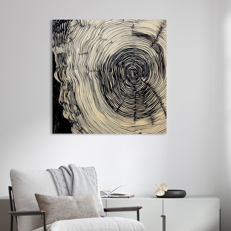 abstract tree ring ink wall art with hypnotic black line design