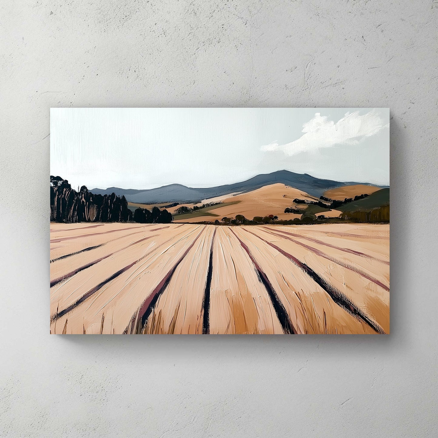 textured landscape field and mountain wall art with pale sky
