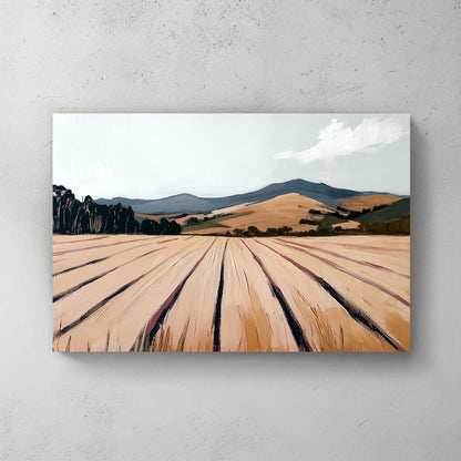 textured landscape field and mountain wall art with pale sky