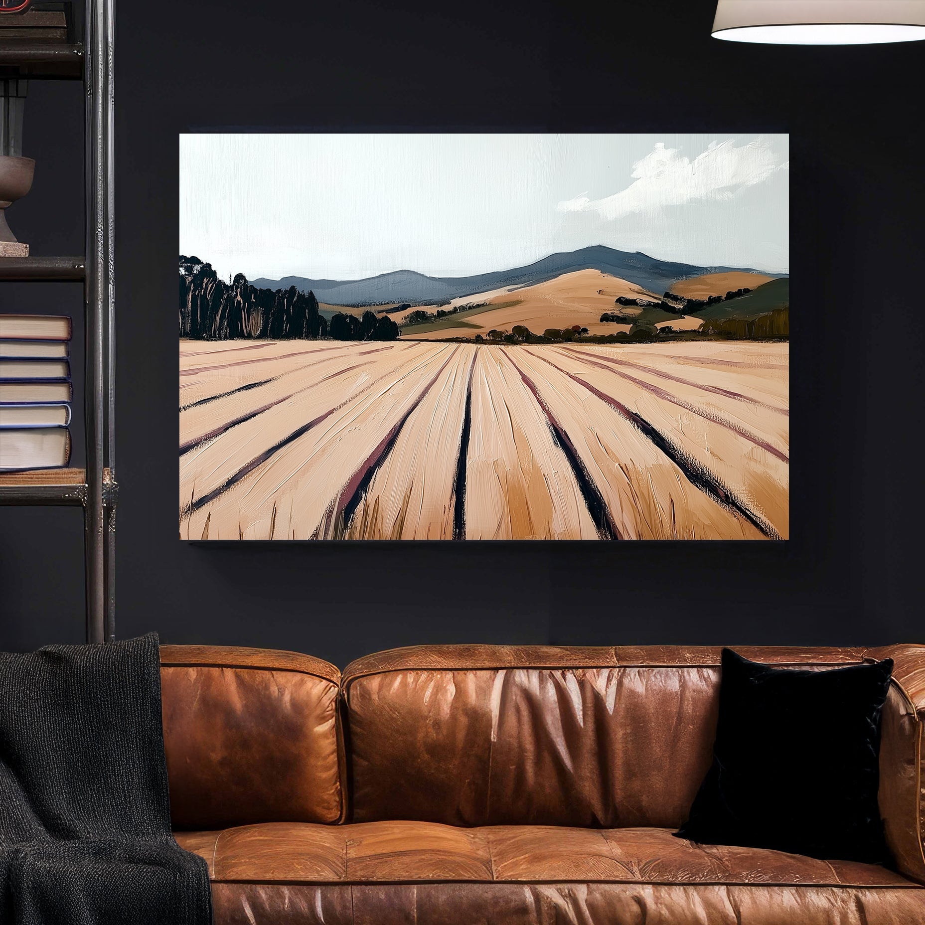 textured landscape field and mountain wall art with pale sky