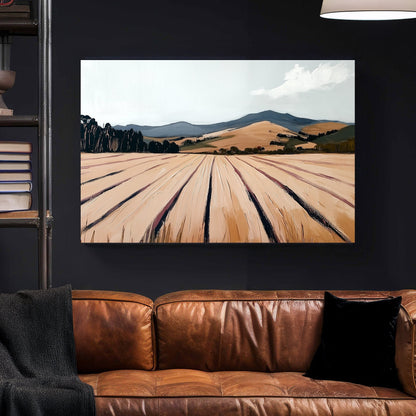 textured landscape field and mountain wall art with pale sky