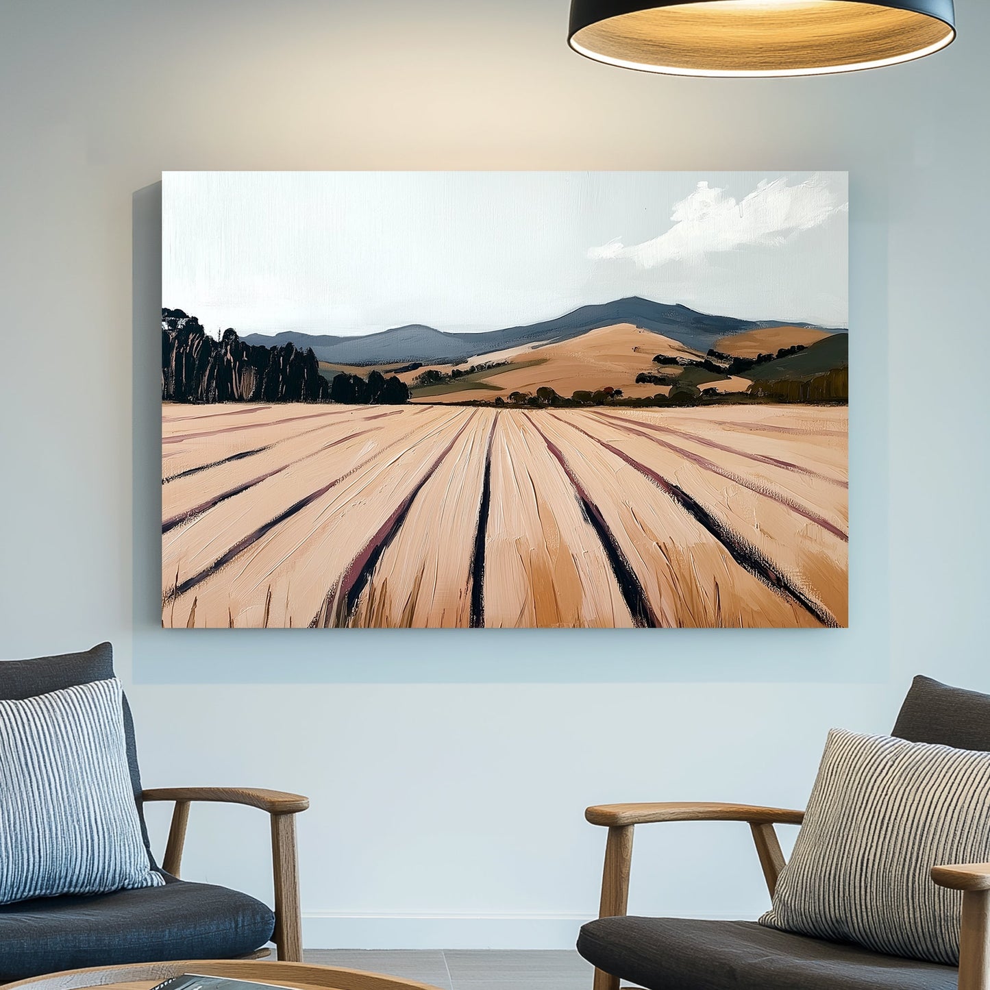 textured landscape field and mountain wall art with pale sky