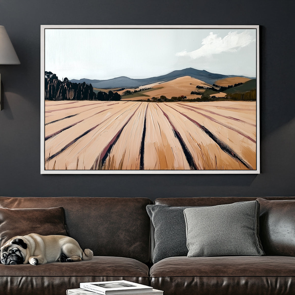 textured landscape field and mountain wall art with pale sky