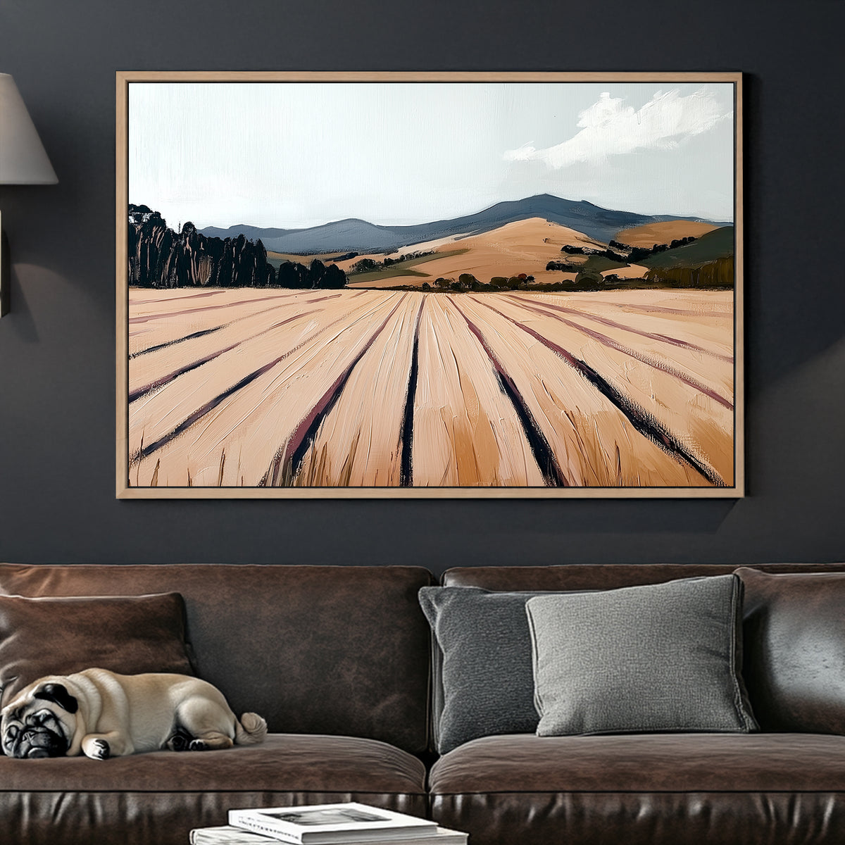 textured landscape field and mountain wall art with pale sky