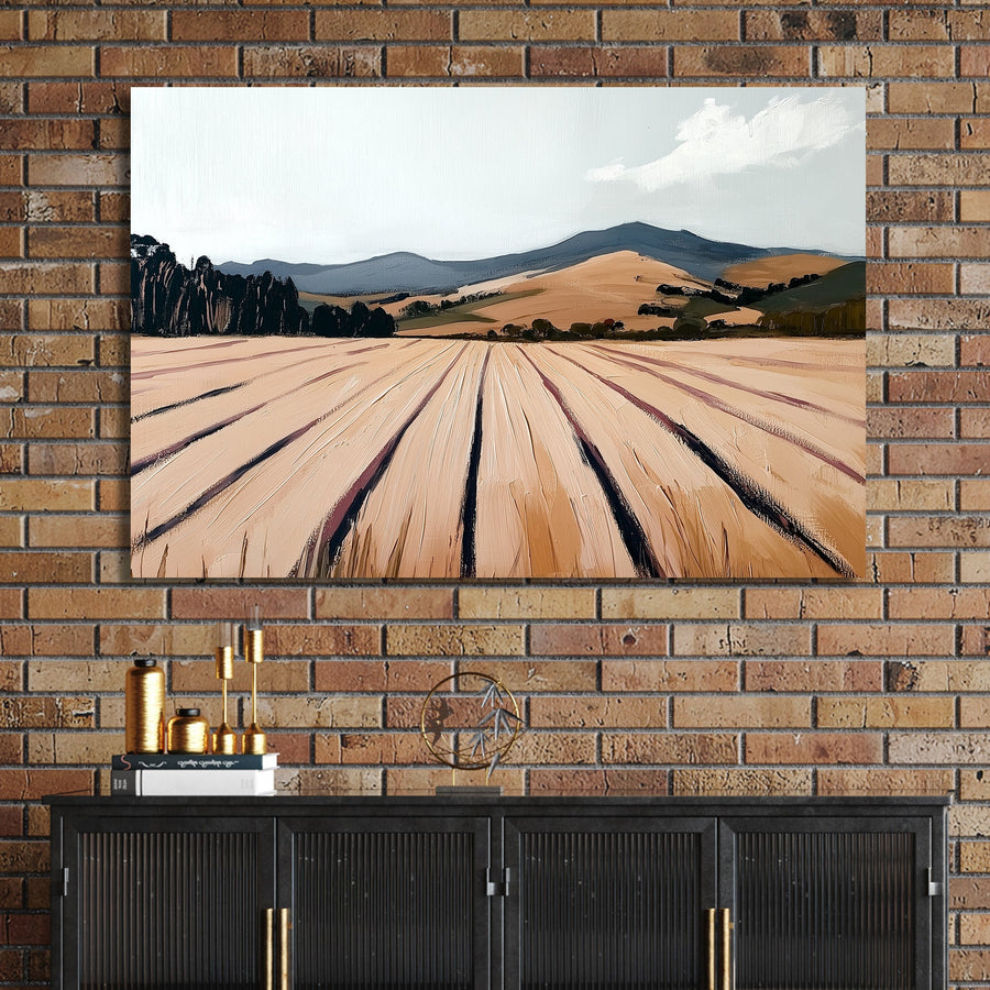 textured landscape field and mountain wall art with pale sky