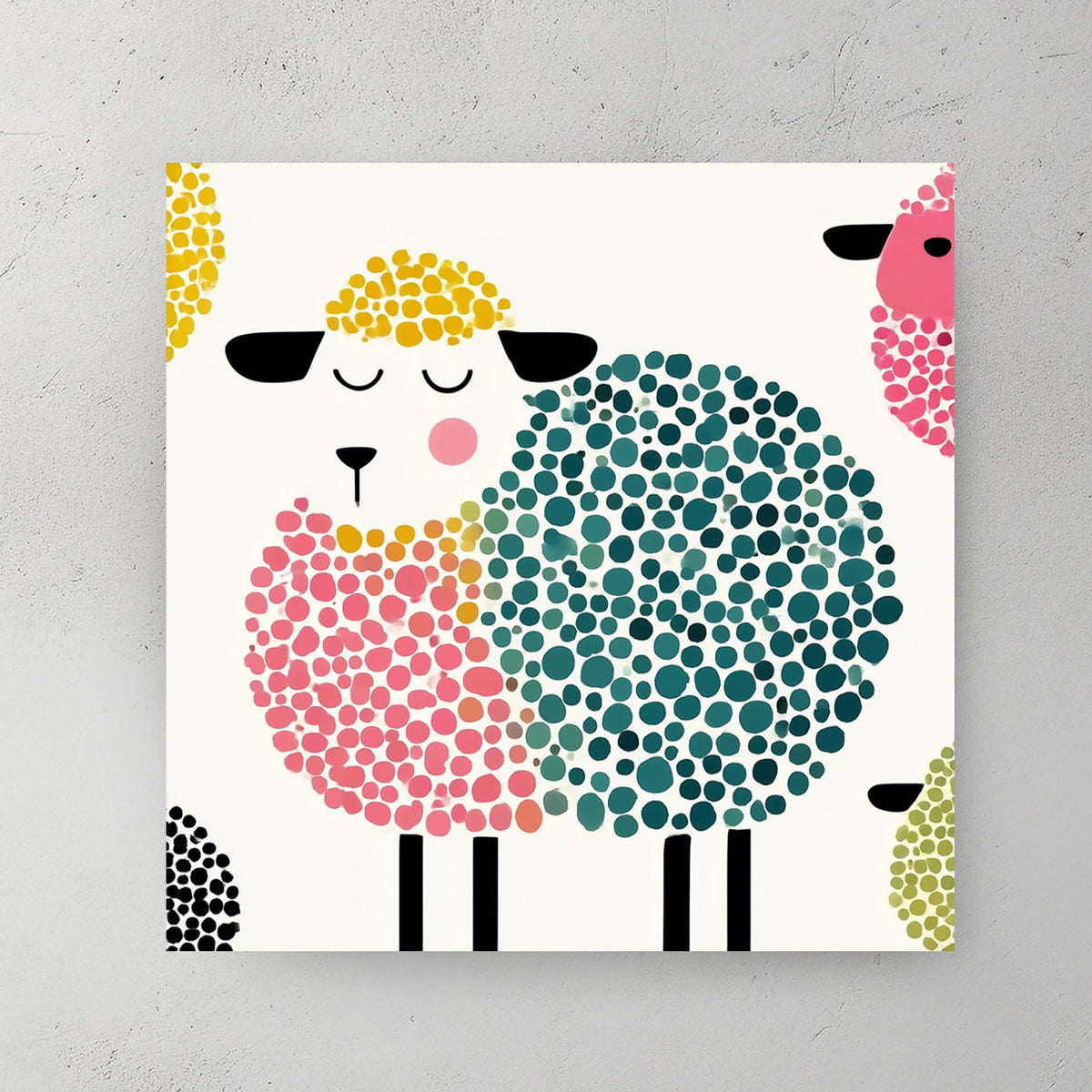 playful cartoon sheep wall art with pastel dot patterns