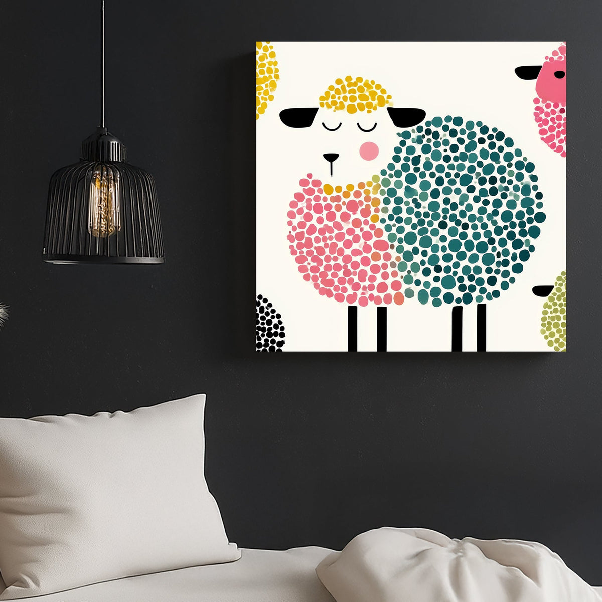 playful cartoon sheep wall art with pastel dot patterns