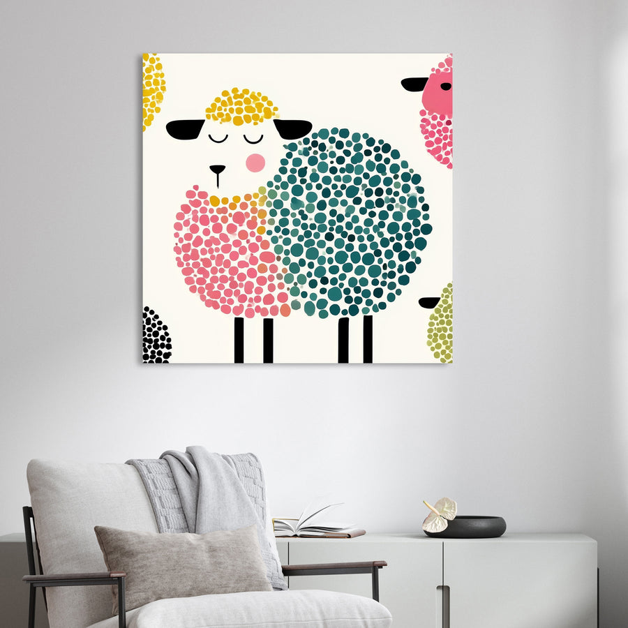 playful cartoon sheep wall art with pastel dot patterns