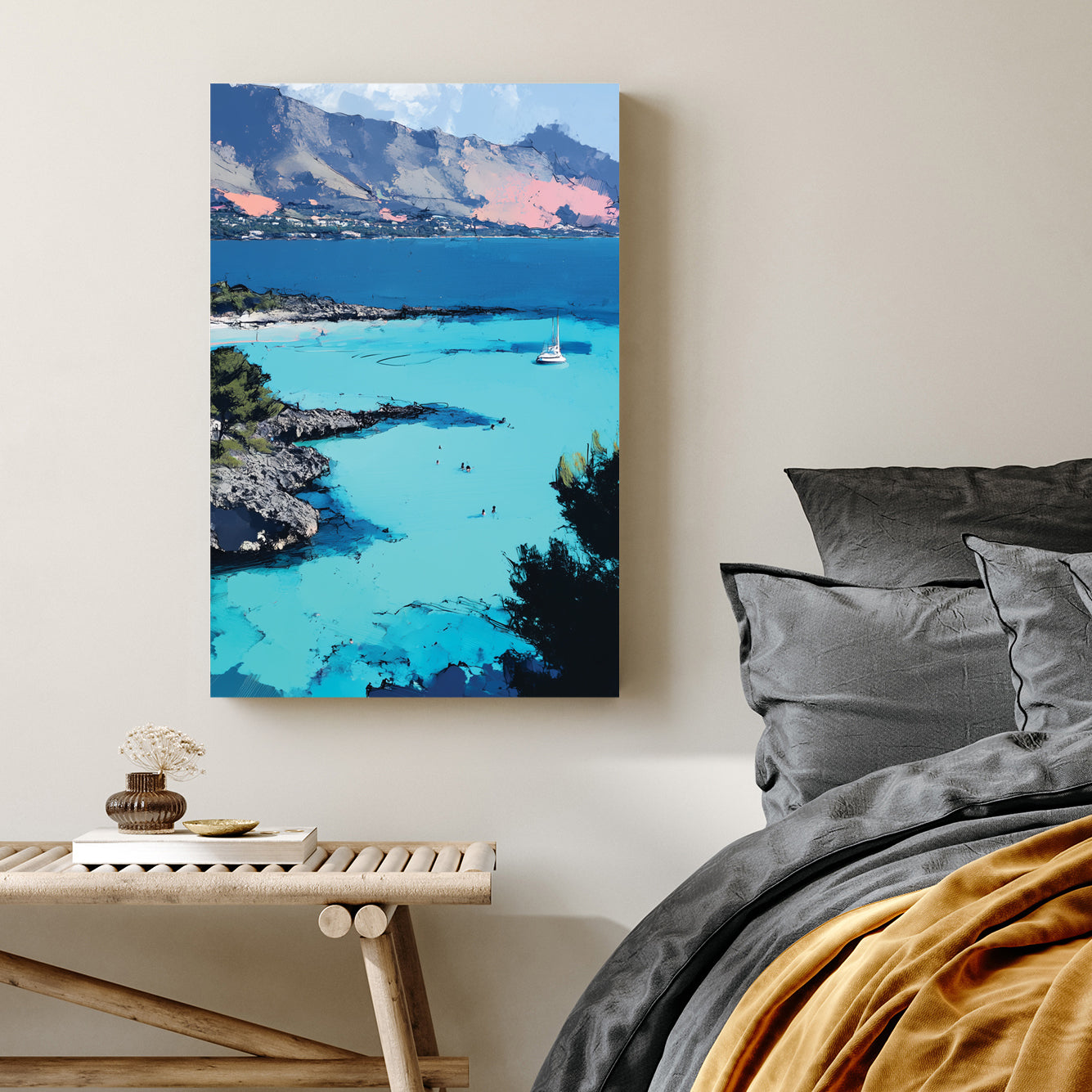 sicily coastal view wall art with turquoise water and mountains