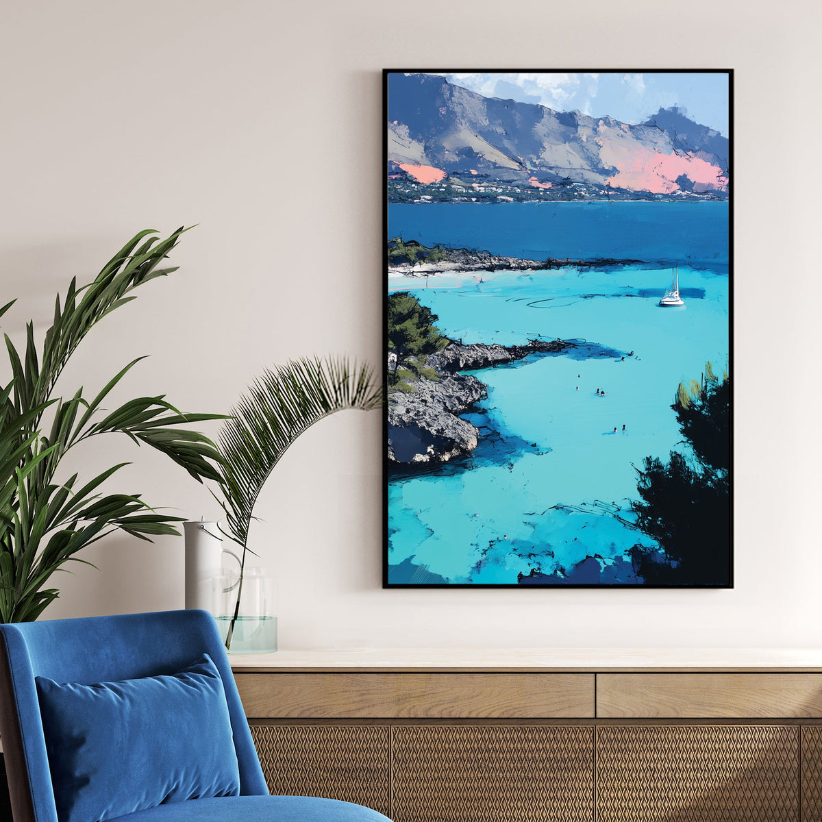 sicily coastal view wall art with turquoise water and mountains