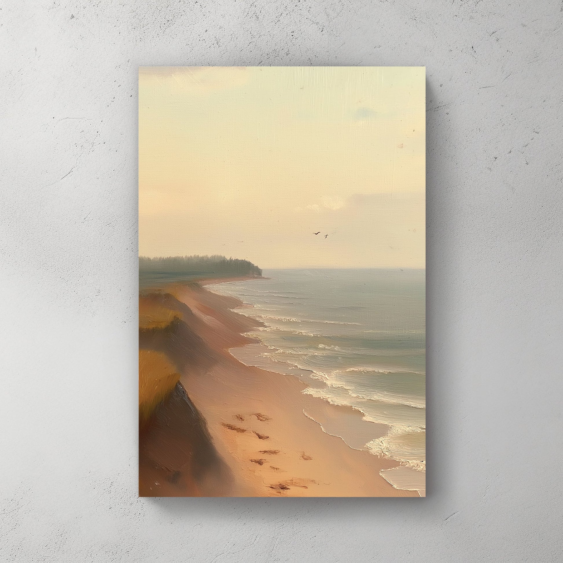 serene beach oil painting wall art with shoreline and pastel sky