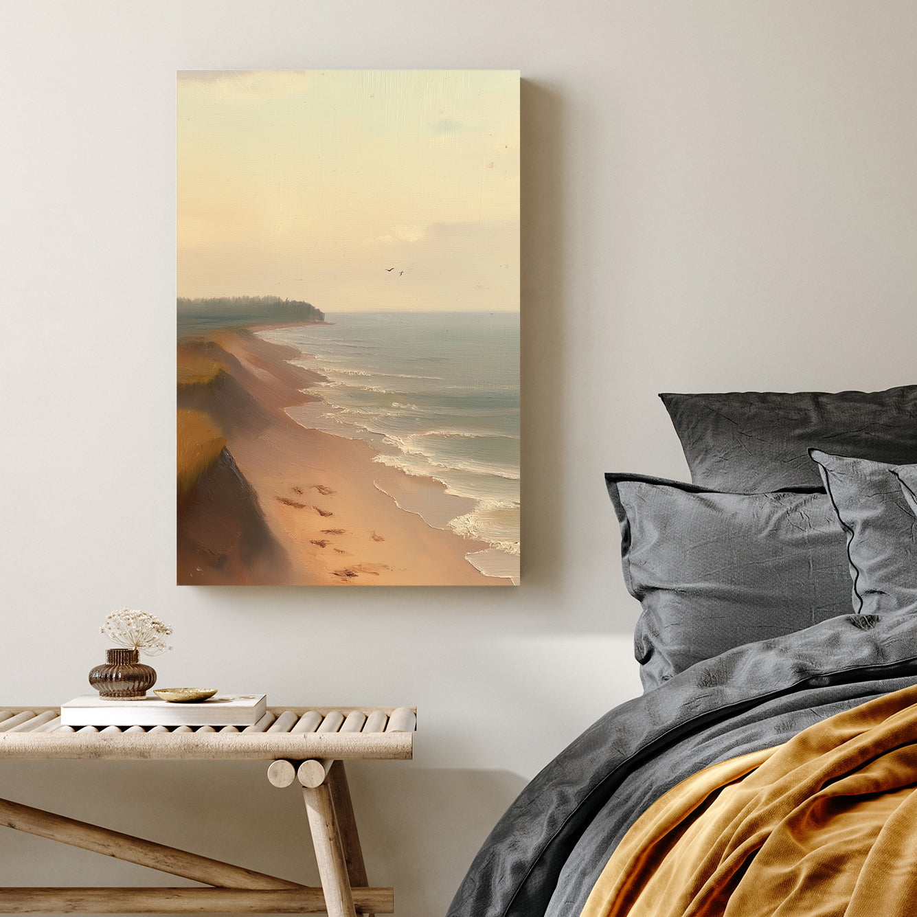 serene beach oil painting wall art with shoreline and pastel sky
