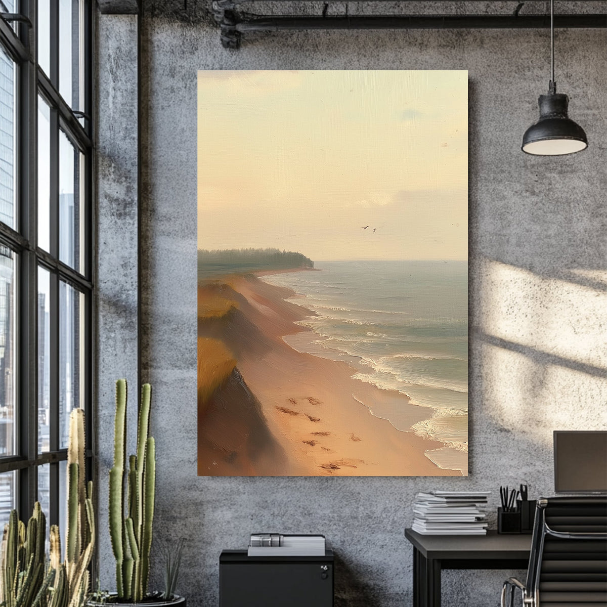 serene beach oil painting wall art with shoreline and pastel sky