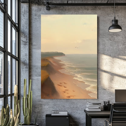 serene beach oil painting wall art with shoreline and pastel sky