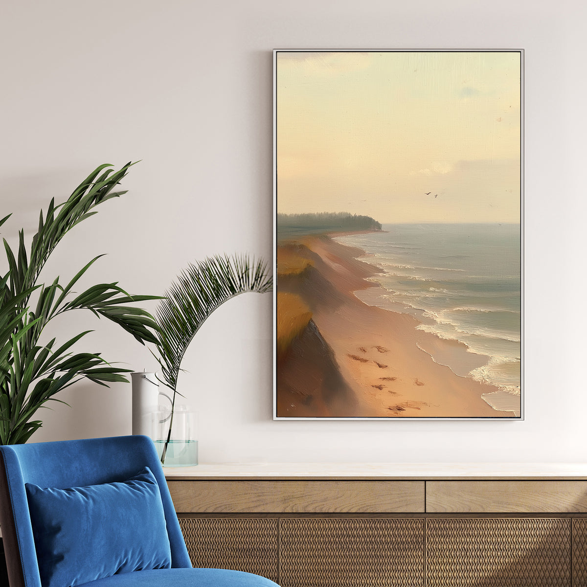serene beach oil painting wall art with shoreline and pastel sky