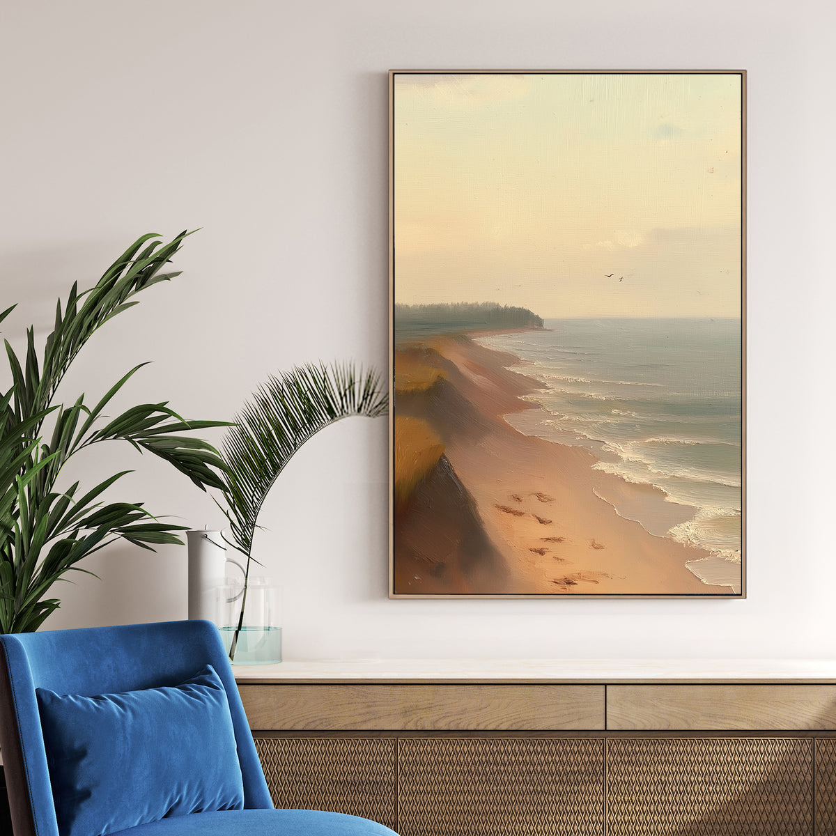 serene beach oil painting wall art with shoreline and pastel sky