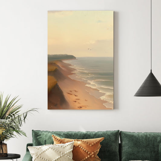 serene beach oil painting wall art with shoreline and pastel sky