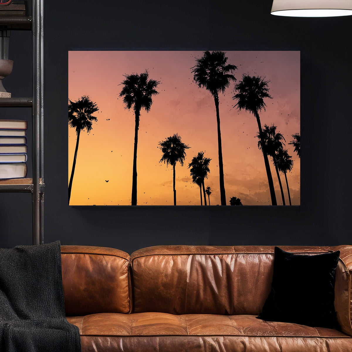 sunset palm tree wall art with tropical silhouette scene