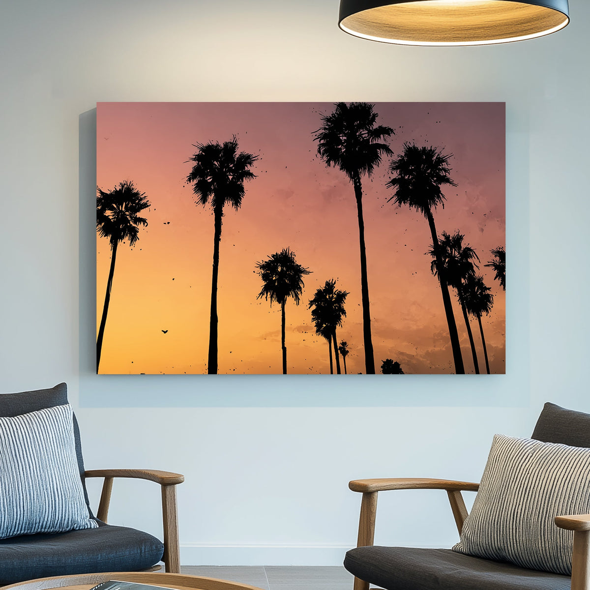 sunset palm tree wall art with tropical silhouette scene