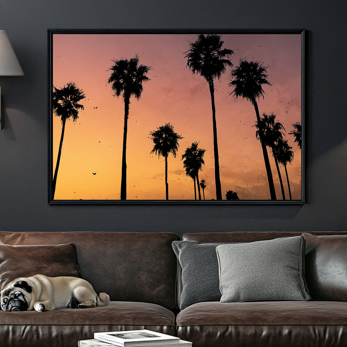 sunset palm tree wall art with tropical silhouette scene