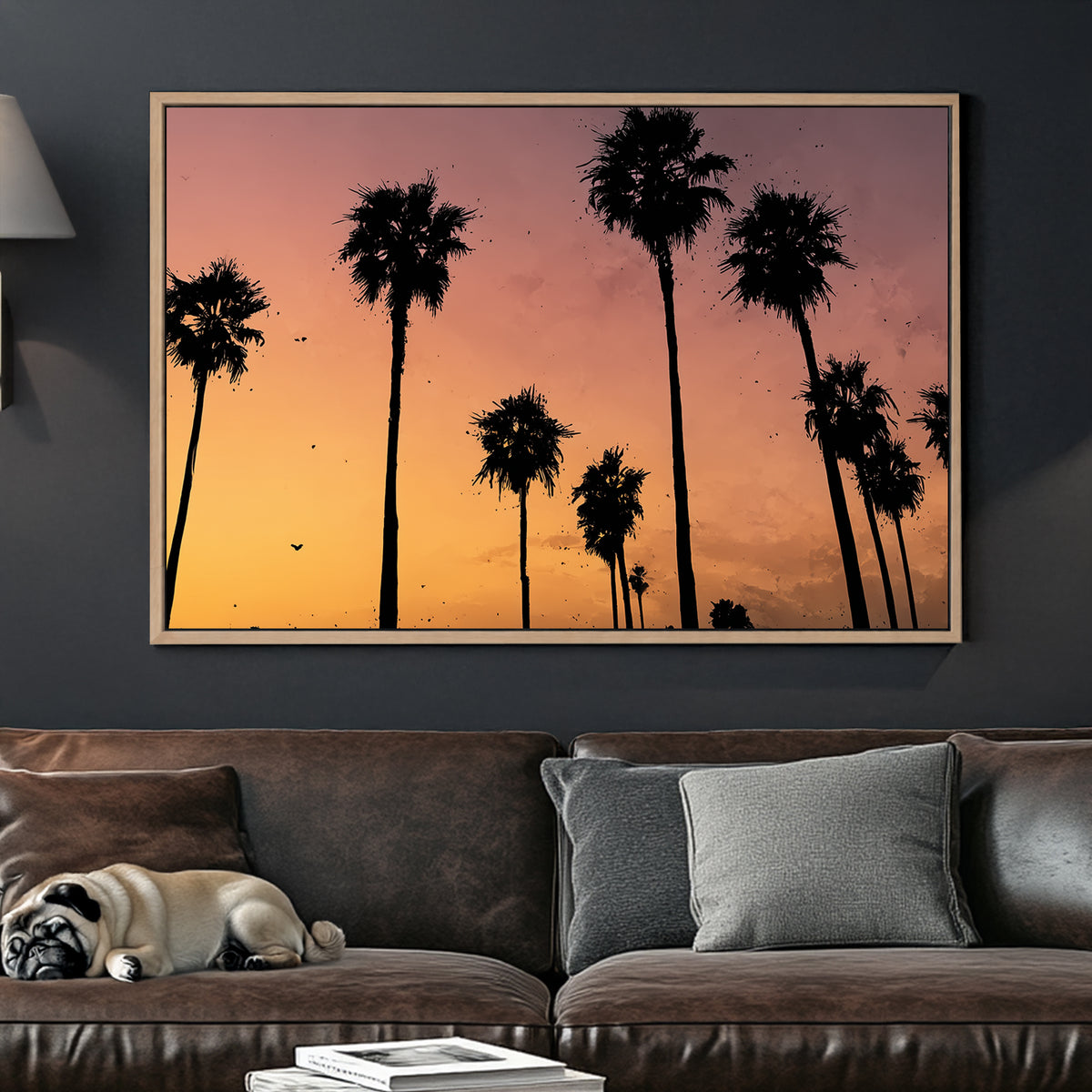 sunset palm tree wall art with tropical silhouette scene