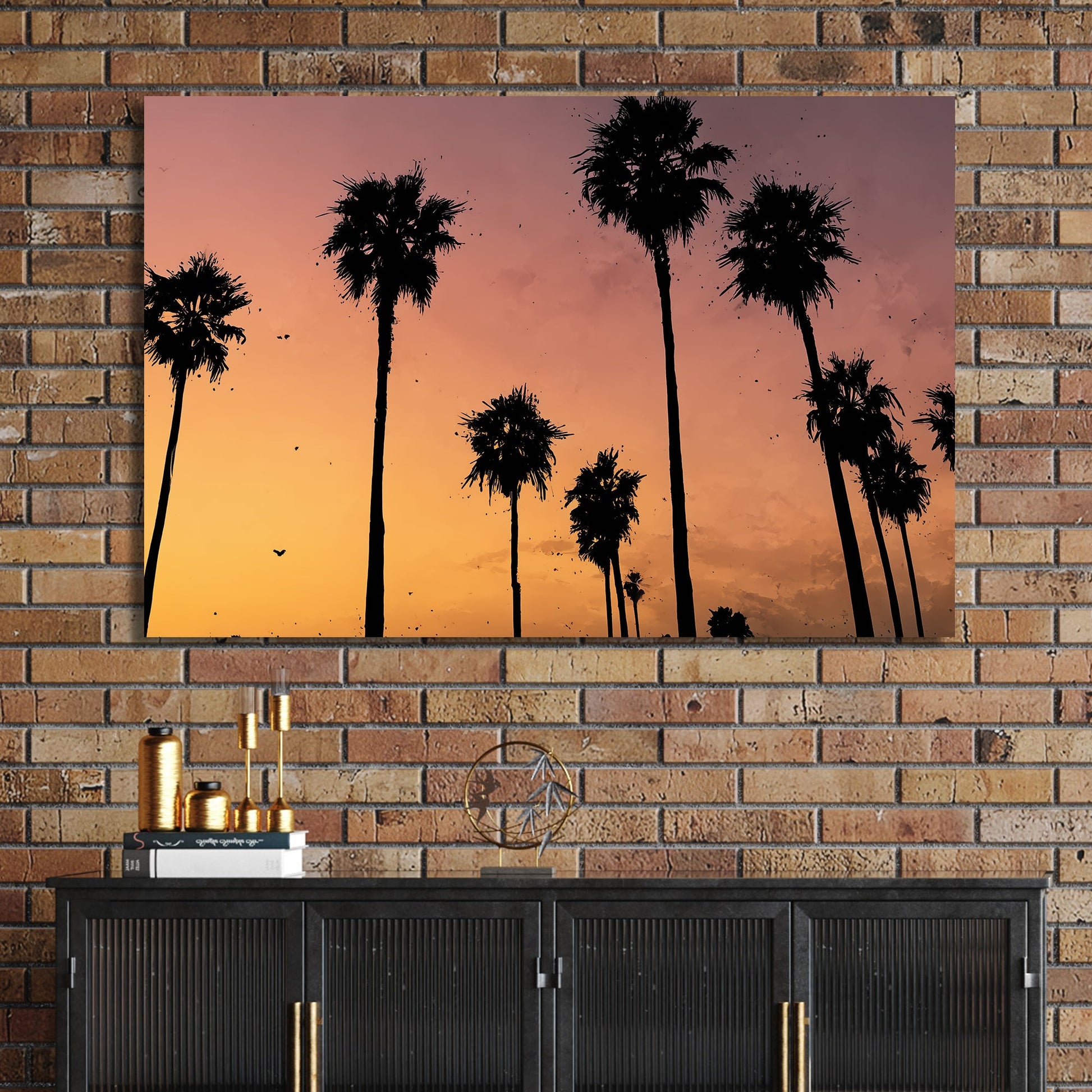 sunset palm tree wall art with tropical silhouette scene