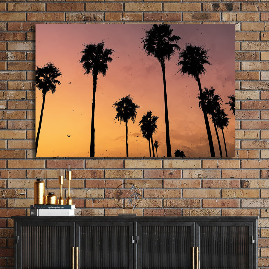 sunset palm tree wall art with tropical silhouette scene