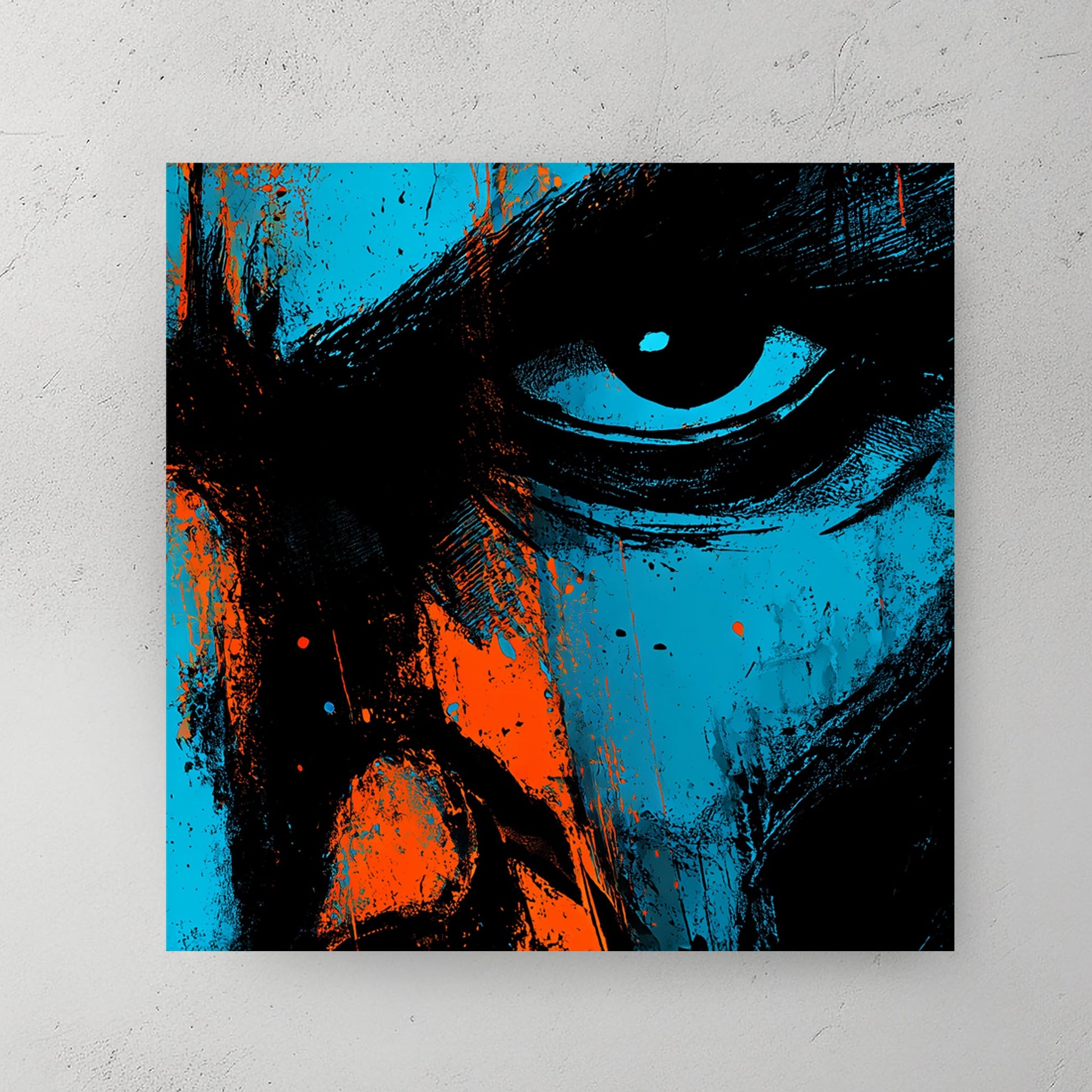 intense abstract face close-up wall art in blue and orange