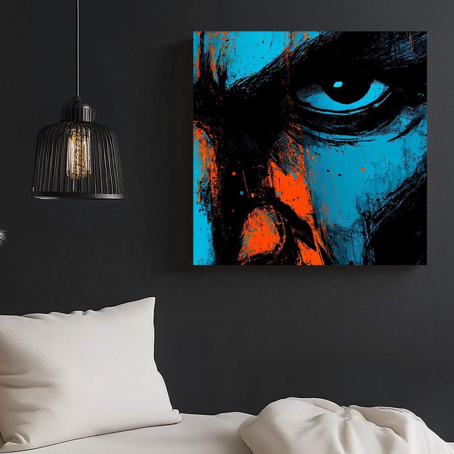 intense abstract face close-up wall art in blue and orange