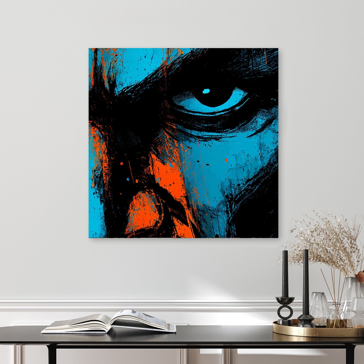 intense abstract face close-up wall art in blue and orange