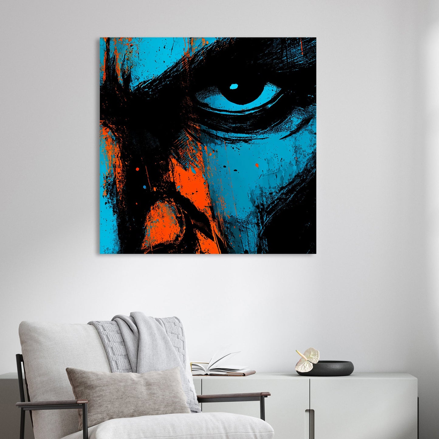 intense abstract face close-up wall art in blue and orange