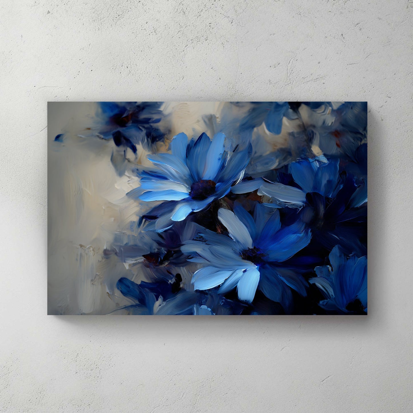 blue floral wall art with dark background and painterly texture