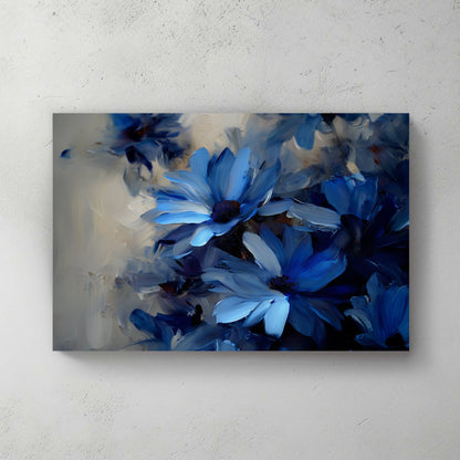 blue floral wall art with dark background and painterly texture