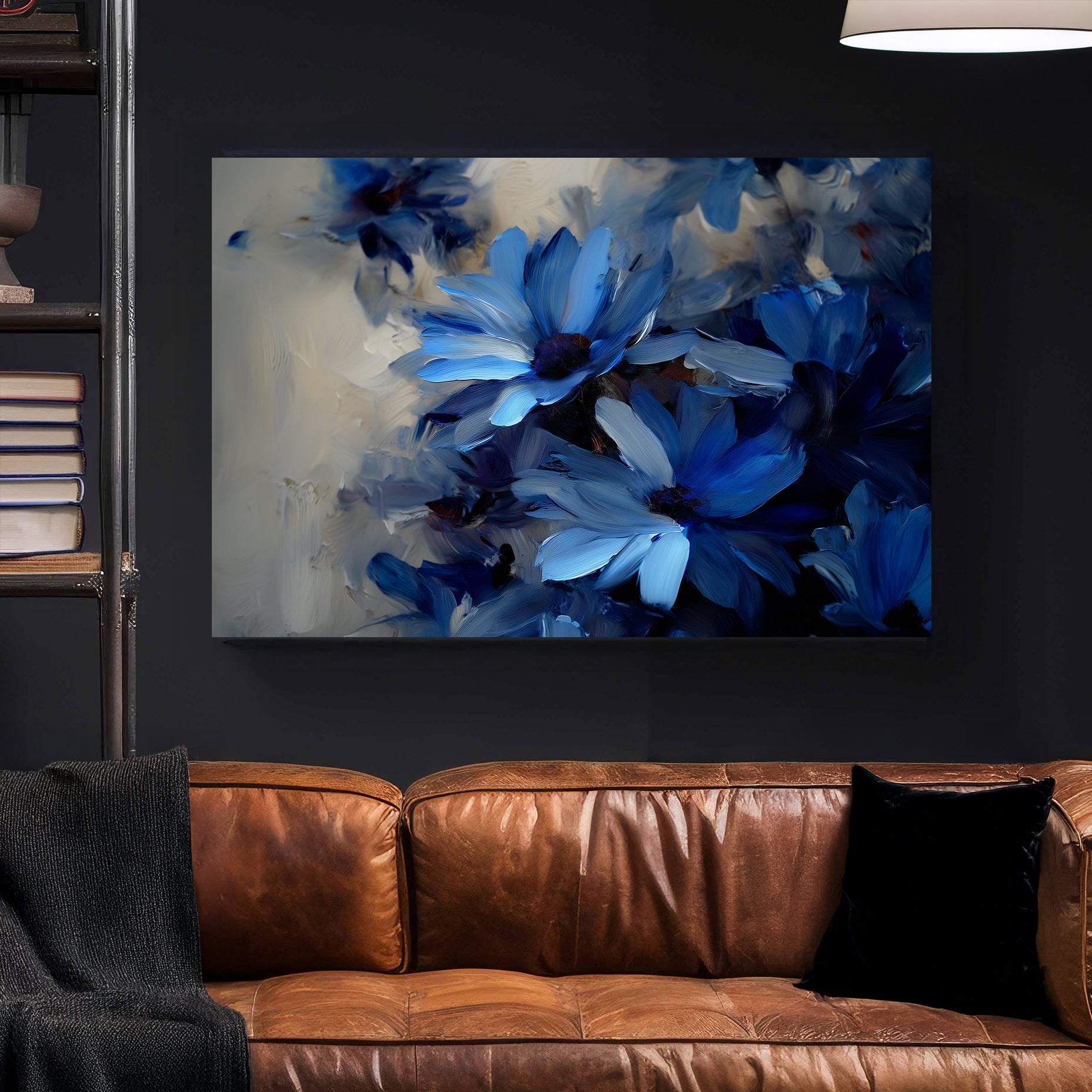 blue floral wall art with dark background and painterly texture