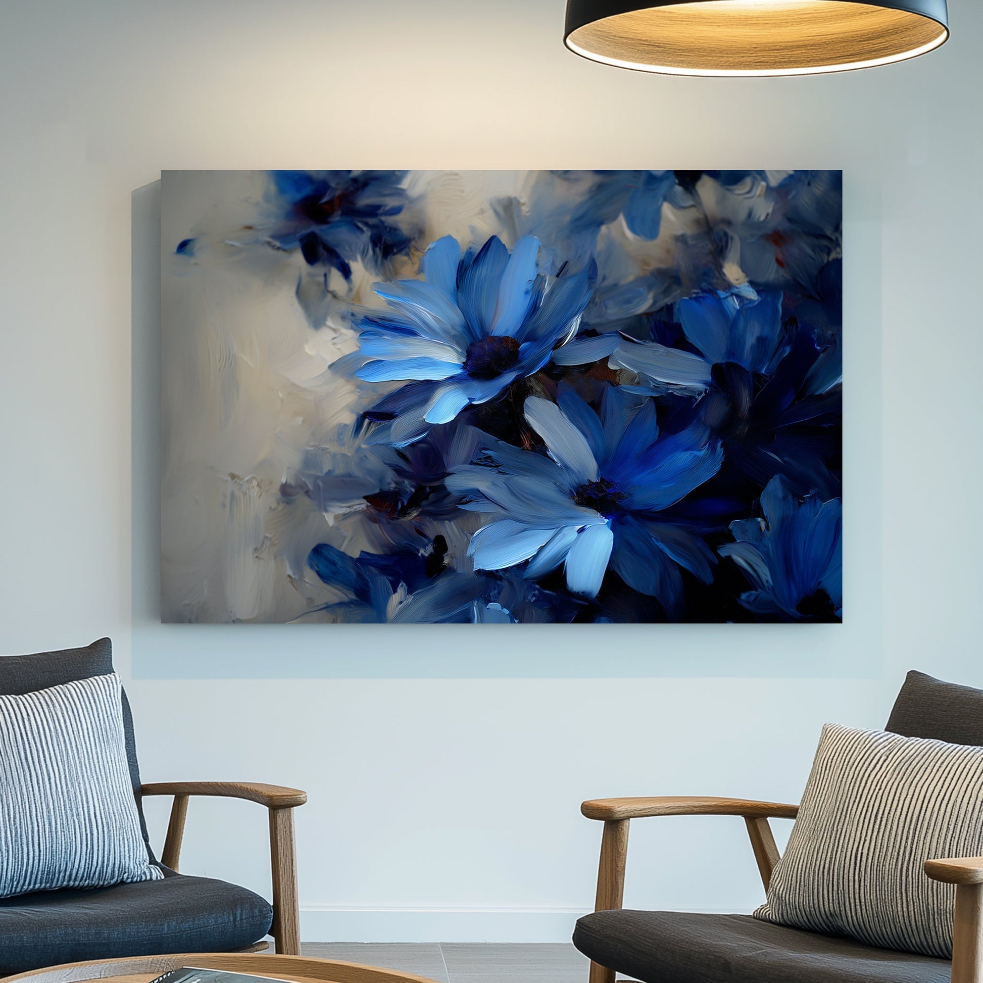 blue floral wall art with dark background and painterly texture