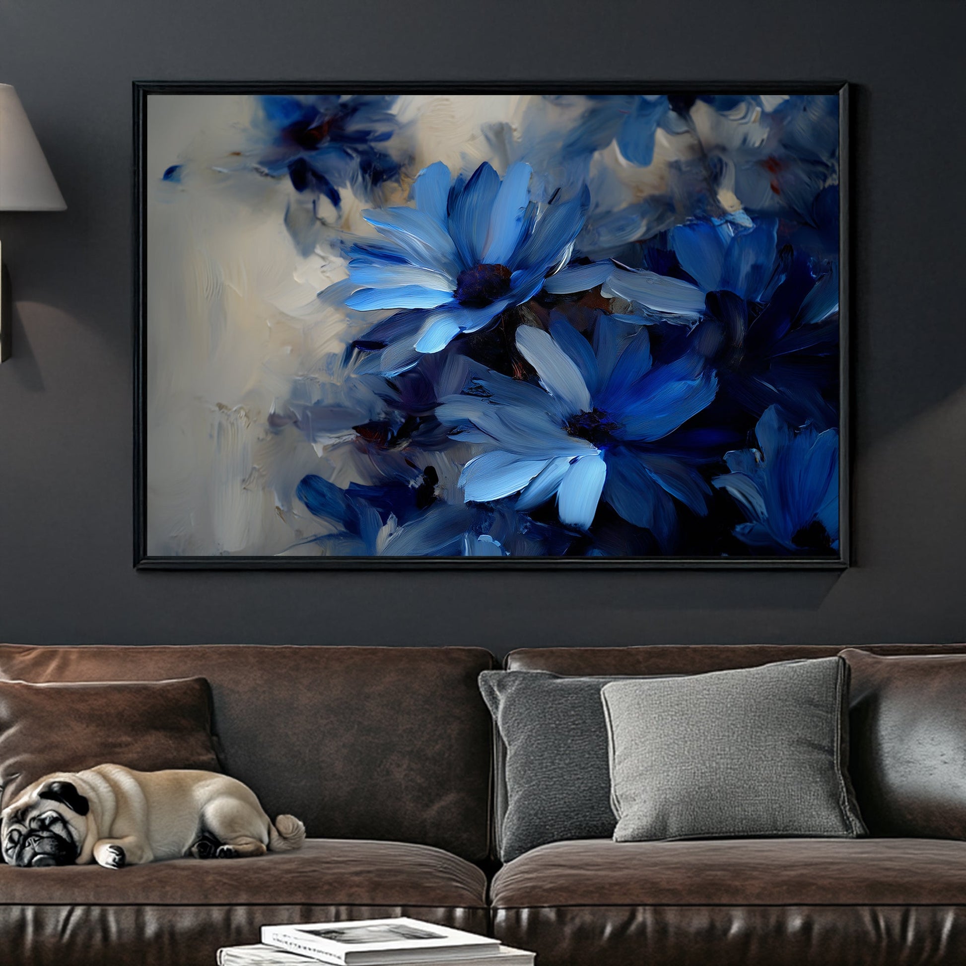 blue floral wall art with dark background and painterly texture
