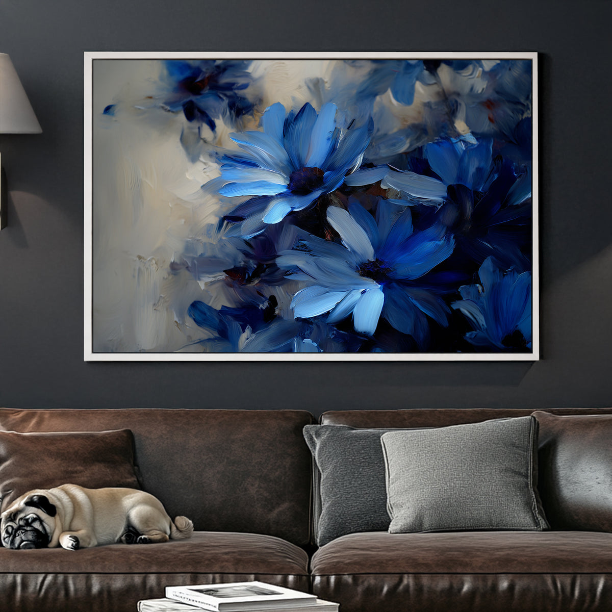 blue floral wall art with dark background and painterly texture