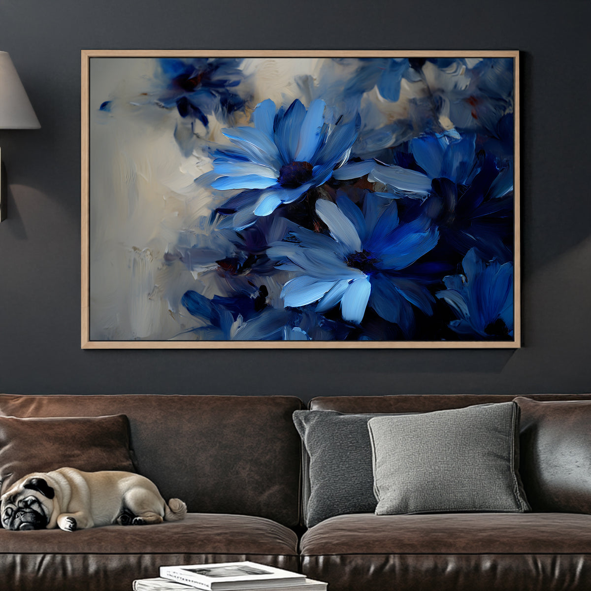 blue floral wall art with dark background and painterly texture